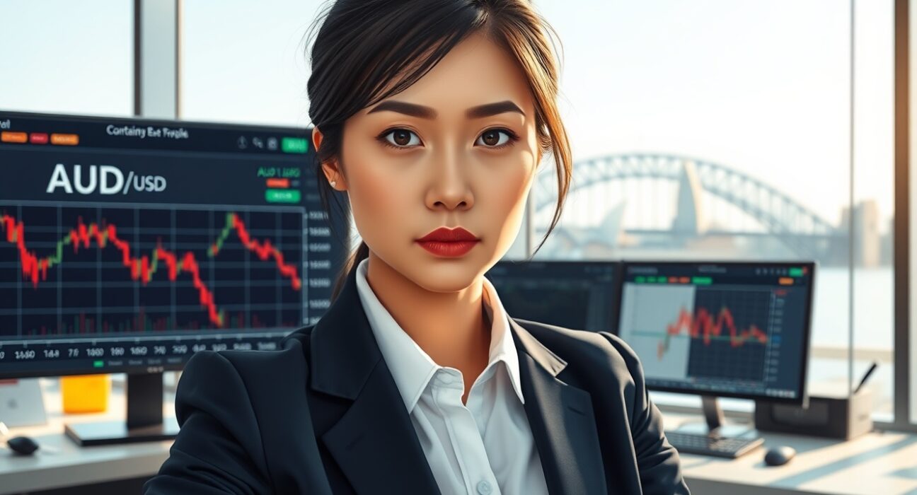 Trader analyzing AUD/USD forex charts as Trump's remarks impact currency markets in Sydney.