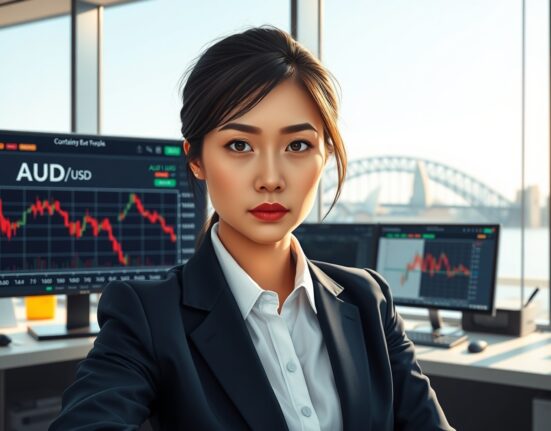 Trader analyzing AUD/USD forex charts as Trump's remarks impact currency markets in Sydney.