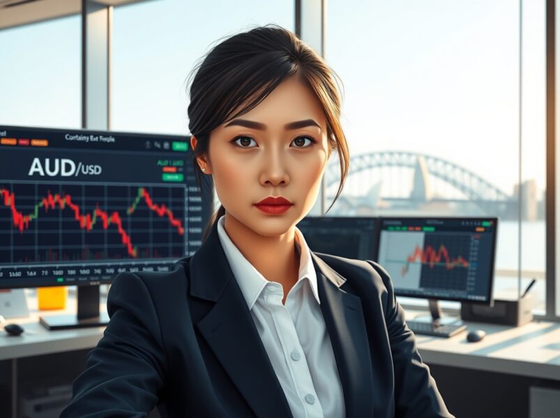Trader analyzing AUD/USD forex charts as Trump's remarks impact currency markets in Sydney.
