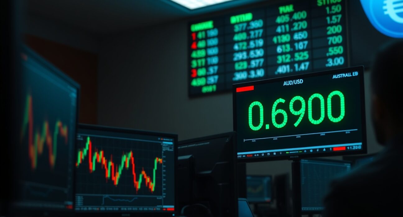 Forex trading desk showing AUD/USD price near 0.6900 amid geopolitical tensions