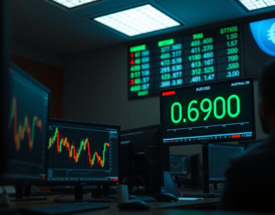 Forex trading desk showing AUD/USD price near 0.6900 amid geopolitical tensions