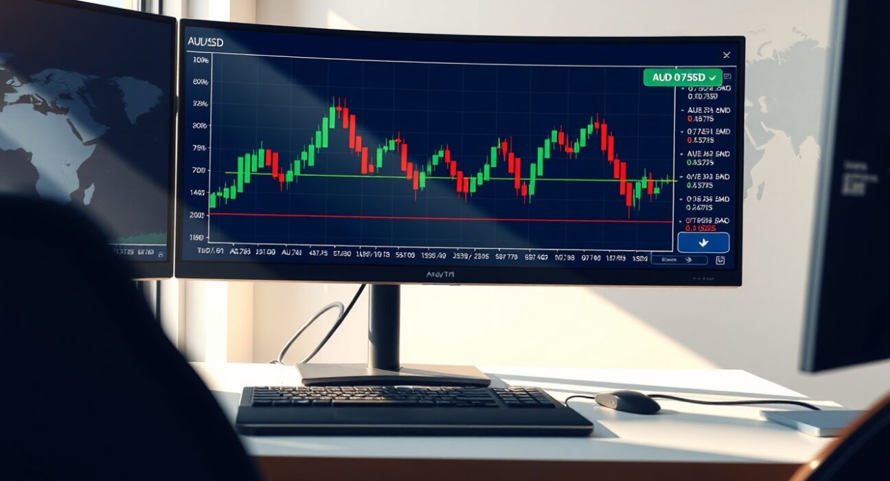 Forex trading terminal showing AUD/USD chart rising to 0.7150 amid geopolitical analysis.