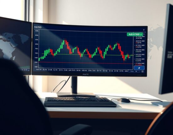 Forex trading terminal showing AUD/USD chart rising to 0.7150 amid geopolitical analysis.