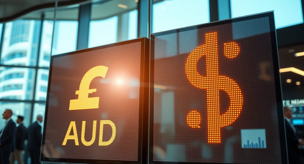 Electronic currency exchange board showing AUD/USD rates in a financial trading floor