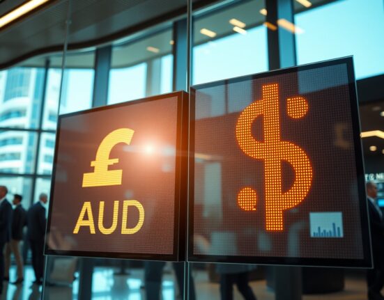 Electronic currency exchange board showing AUD/USD rates in a financial trading floor