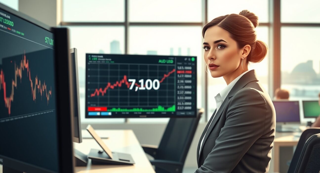 Trader analyzing AUD/USD forex chart as currency stalls below 0.7100 level.