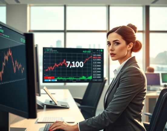 Trader analyzing AUD/USD forex chart as currency stalls below 0.7100 level.