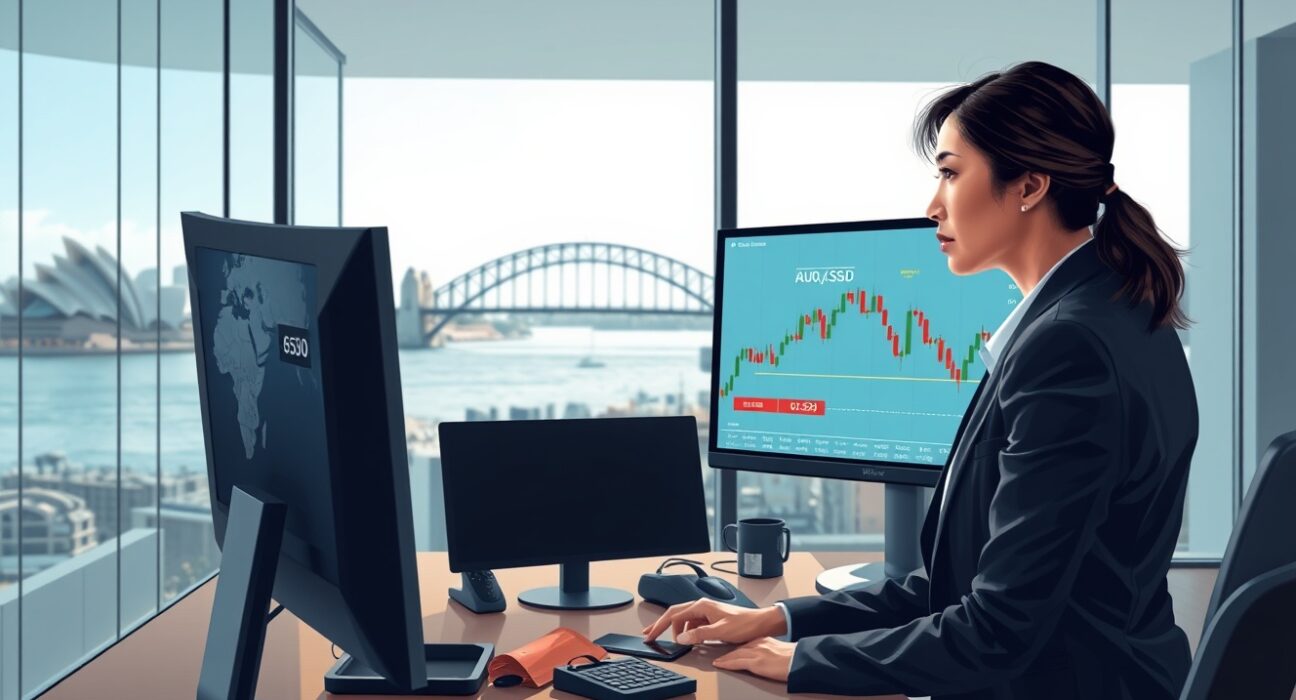 Trader in Sydney analyzes AUD/USD forex chart stalling below 0.6950 amid Iran conflict news.