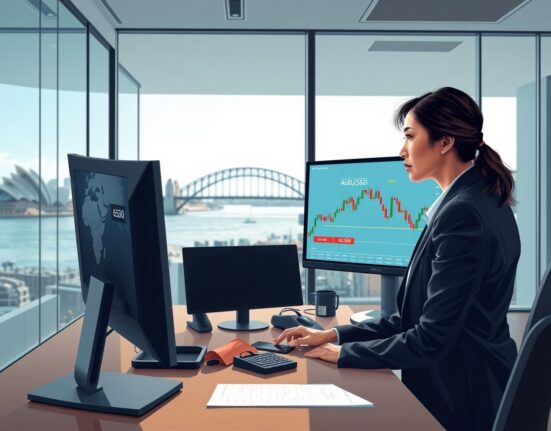 Trader in Sydney analyzes AUD/USD forex chart stalling below 0.6950 amid Iran conflict news.