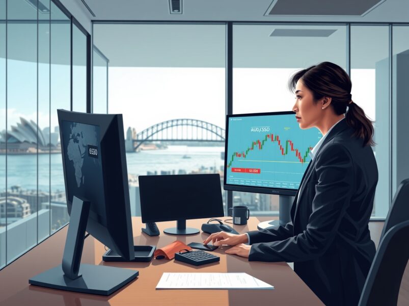 Trader in Sydney analyzes AUD/USD forex chart stalling below 0.6950 amid Iran conflict news.