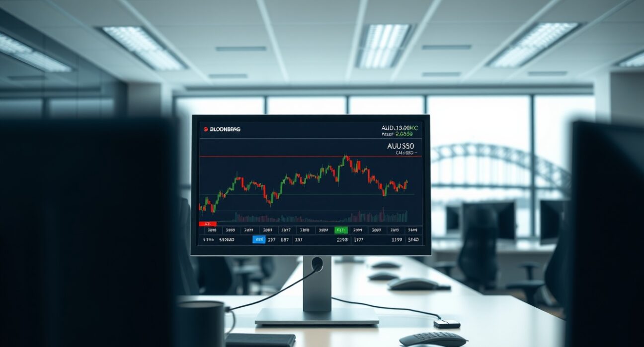AUD/USD forex chart analysis on a trading desk screen during geopolitical uncertainty.