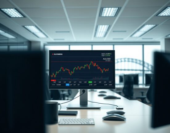 AUD/USD forex chart analysis on a trading desk screen during geopolitical uncertainty.