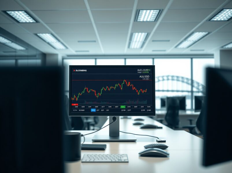 AUD/USD forex chart analysis on a trading desk screen during geopolitical uncertainty.