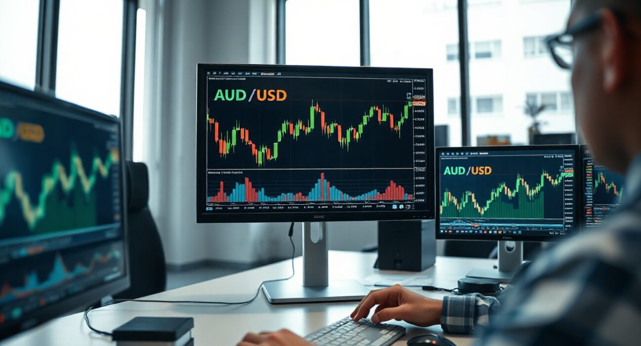 AUD/USD price chart on trading screens in a professional forex trading environment