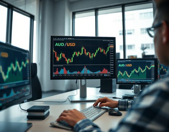 AUD/USD price chart on trading screens in a professional forex trading environment