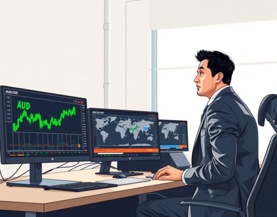 Professional trader monitoring AUD/USD exchange rate as risk sentiment improves following geopolitical developments