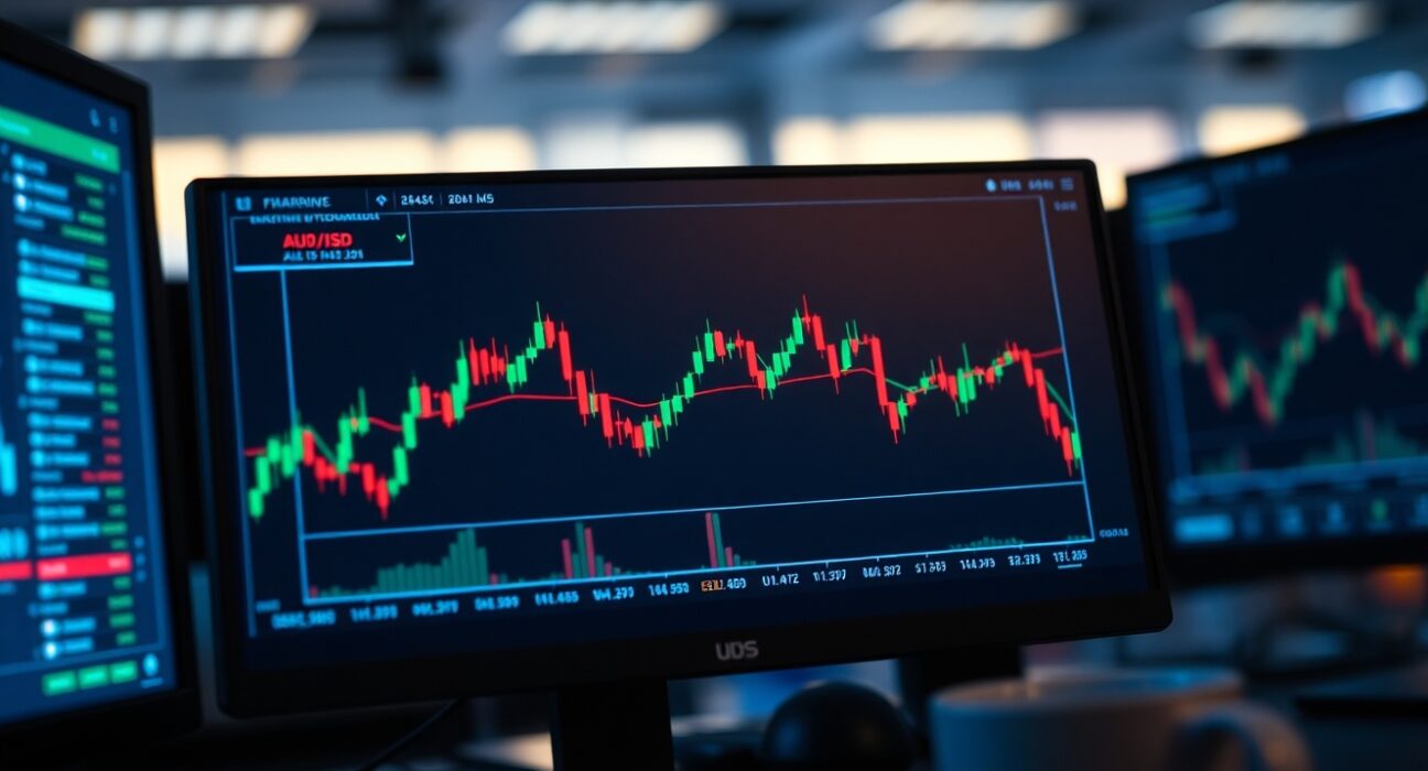 AUD/USD currency pair trading chart on a screen in a dimly lit trading room