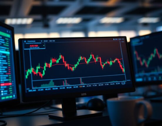 AUD/USD currency pair trading chart on a screen in a dimly lit trading room