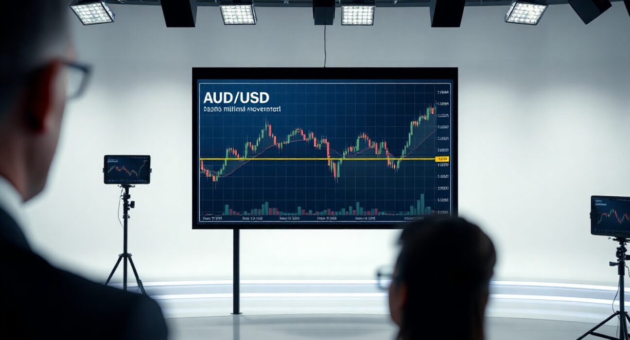 AUD/USD currency chart showing flat movement in a financial news studio setting