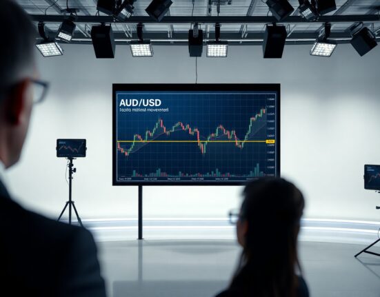 AUD/USD currency chart showing flat movement in a financial news studio setting