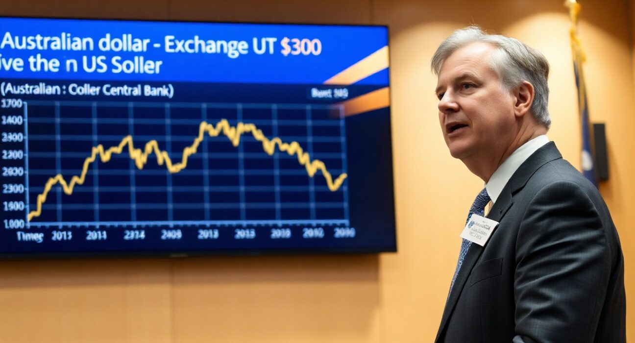 Reserve Bank of Australia governor speaking at a press conference with AUD/USD chart displayed on screen