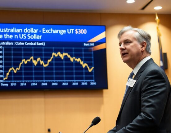 Reserve Bank of Australia governor speaking at a press conference with AUD/USD chart displayed on screen