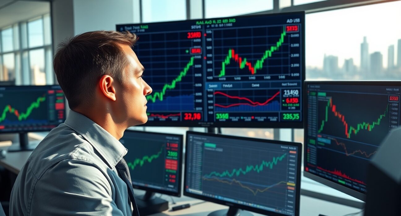 Forex trader analyzing AUD/USD currency pair charts following Australian employment data and Federal Reserve policy decisions