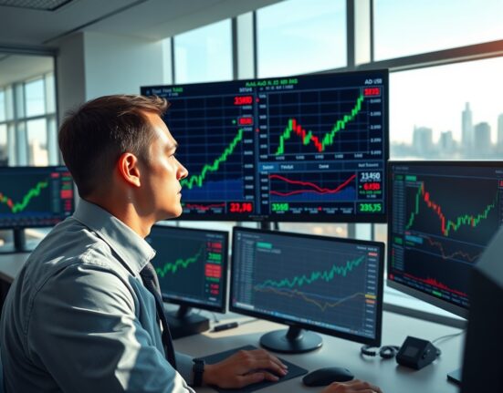 Forex trader analyzing AUD/USD currency pair charts following Australian employment data and Federal Reserve policy decisions