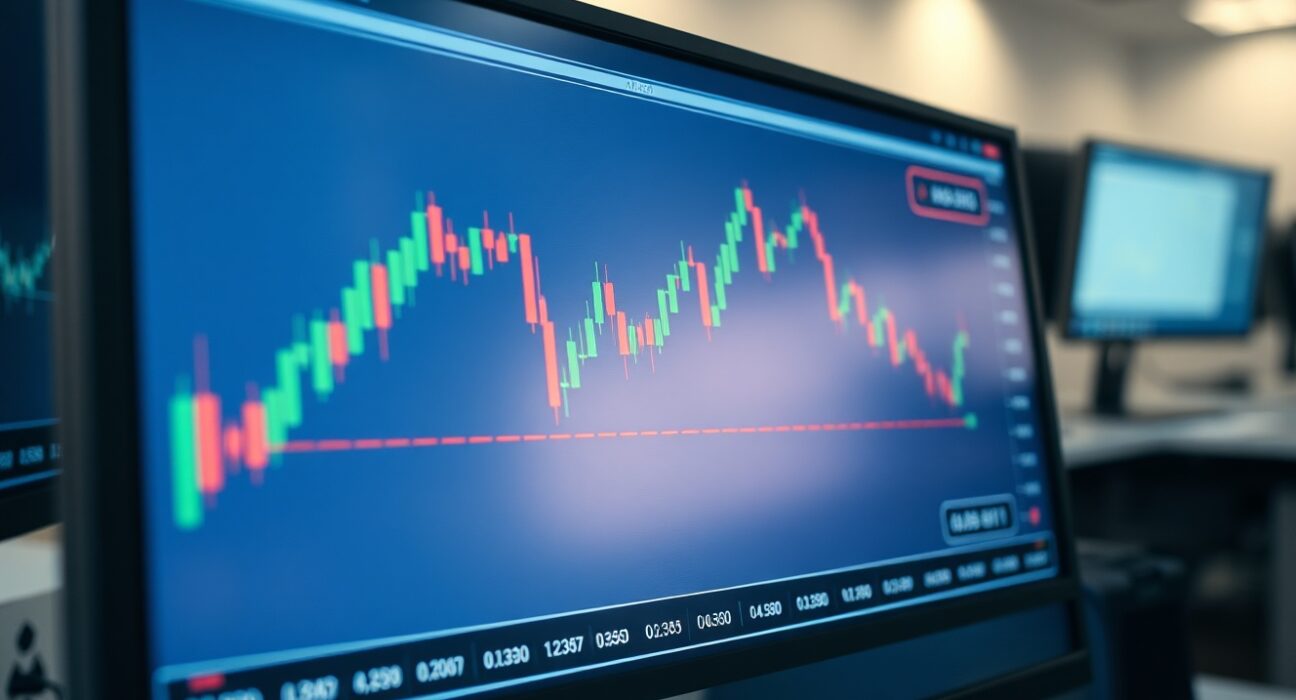 AUD/USD forex chart showing support level near 0.6830 on a trading monitor