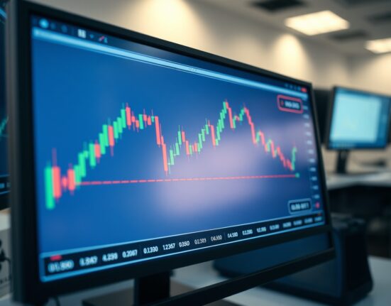 AUD/USD forex chart showing support level near 0.6830 on a trading monitor