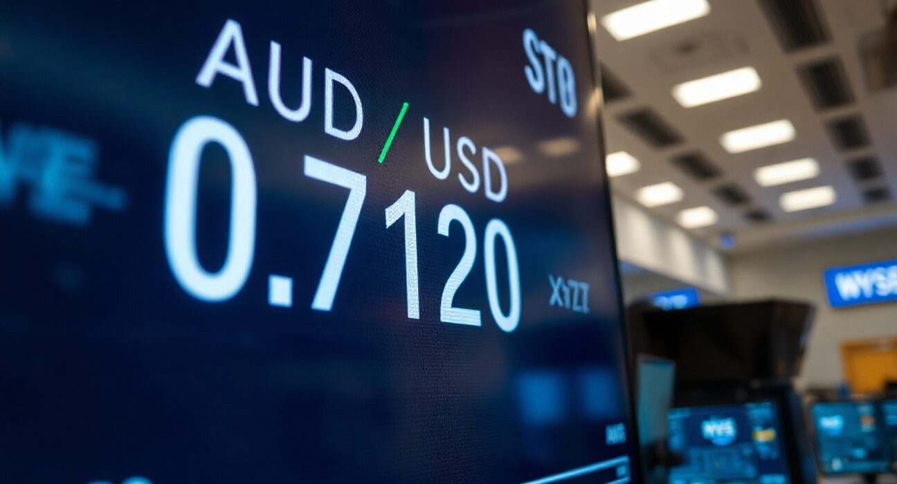 Digital trading screen showing AUD/USD exchange rate near 0.7120 with negative indicators
