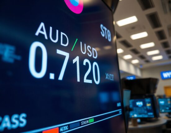 Digital trading screen showing AUD/USD exchange rate near 0.7120 with negative indicators