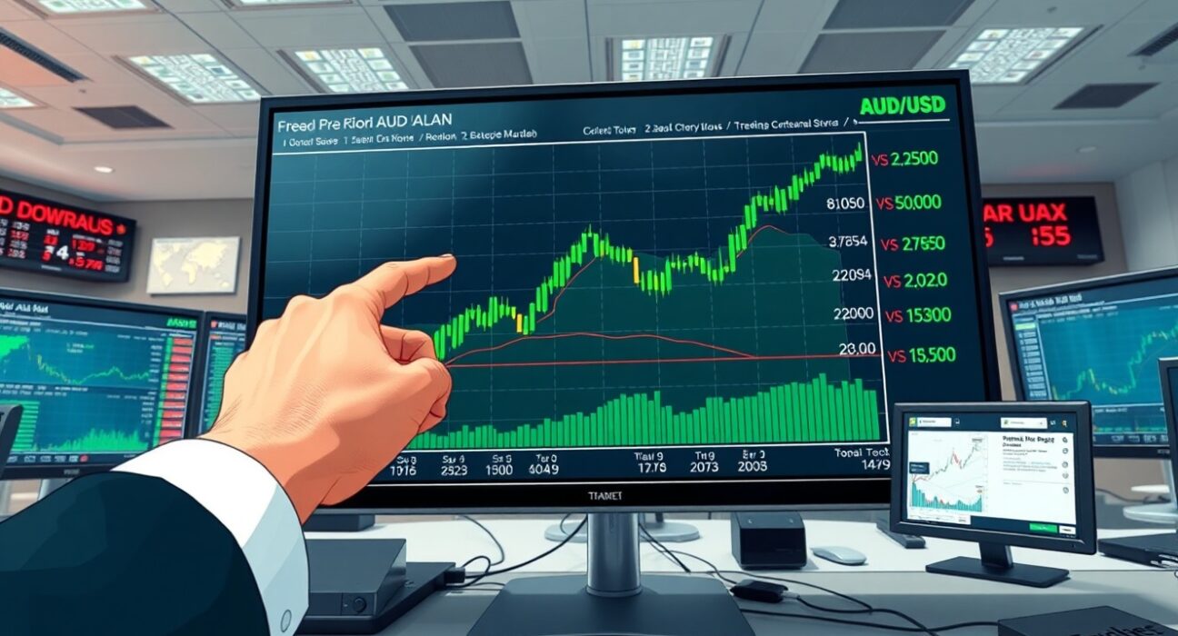 AUD/USD chart surging upward on trading desk monitor ahead of Australian employment data release.