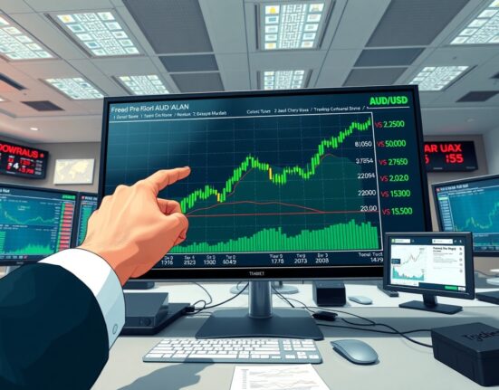 AUD/USD chart surging upward on trading desk monitor ahead of Australian employment data release.