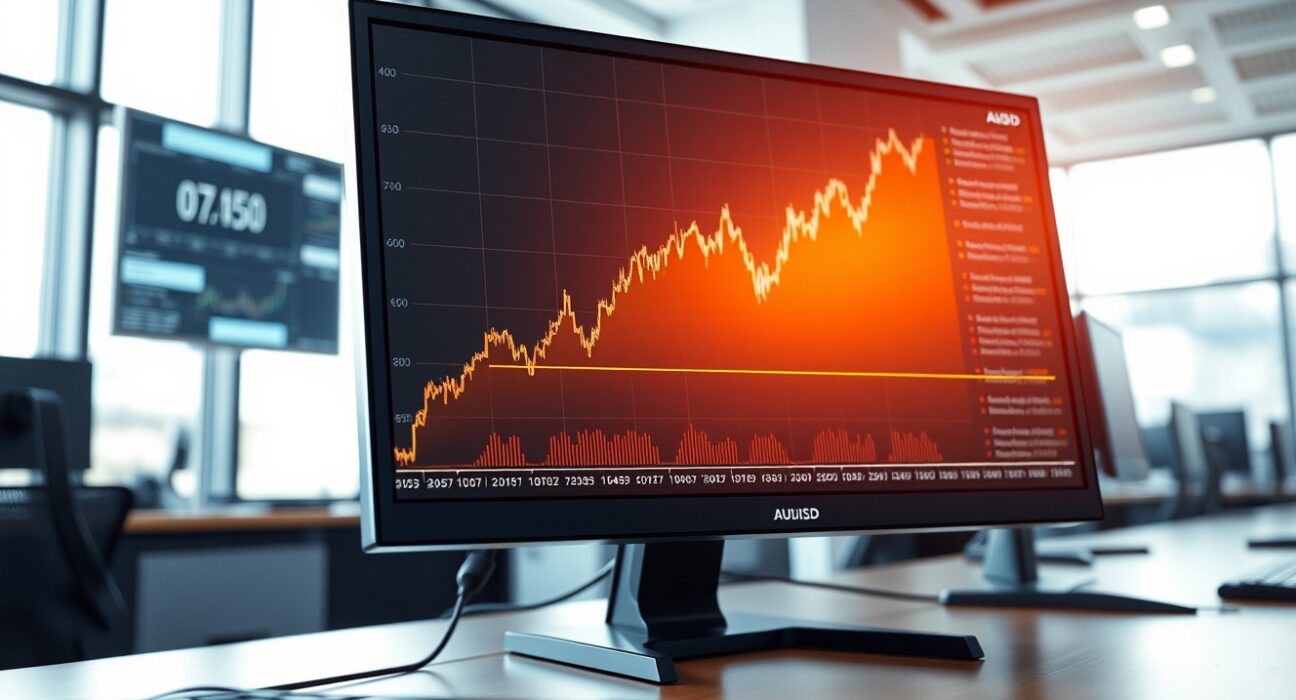 AUD/USD forex chart breaking above the 0.7150 resistance level on a trading desk monitor.