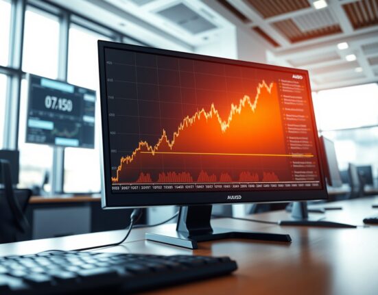 AUD/USD forex chart breaking above the 0.7150 resistance level on a trading desk monitor.