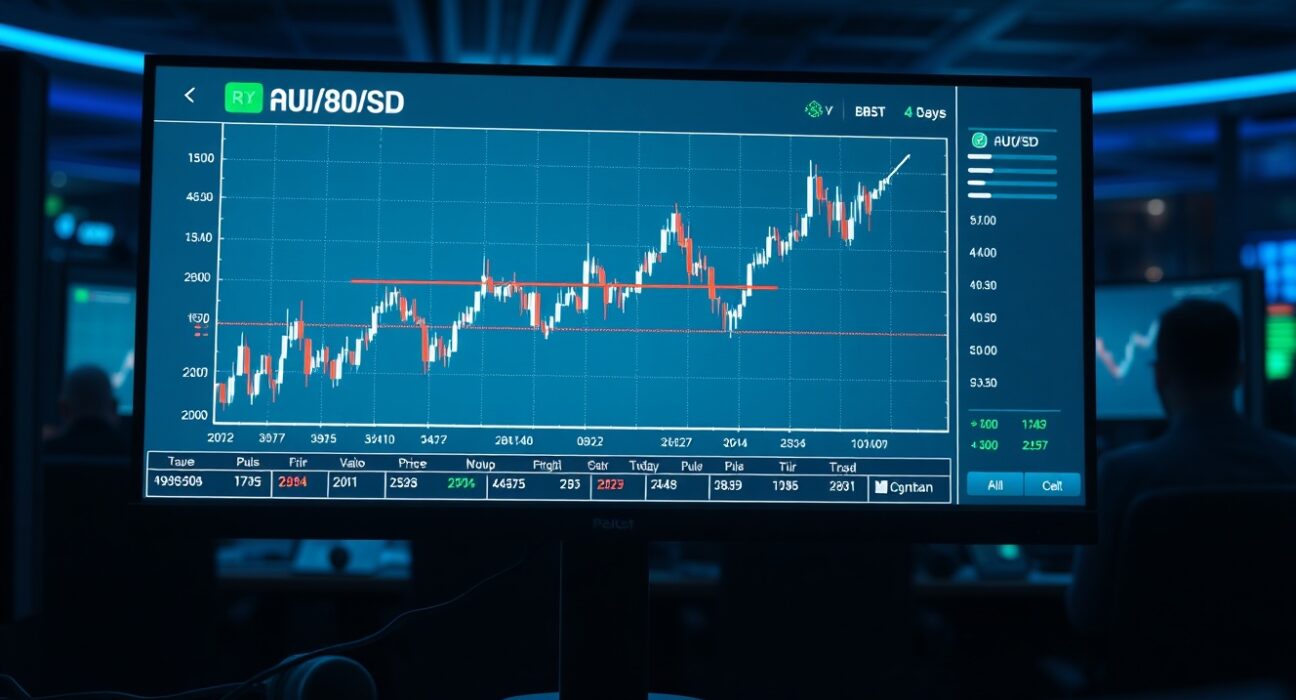 AUD/USD candlestick chart on a trading screen showing price above the 20-day EMA