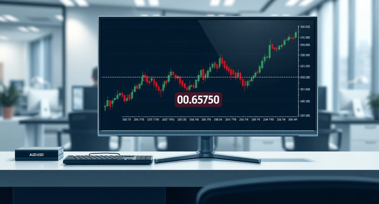 AUD/USD candlestick chart approaching 0.6950 resistance level on a trading monitor.