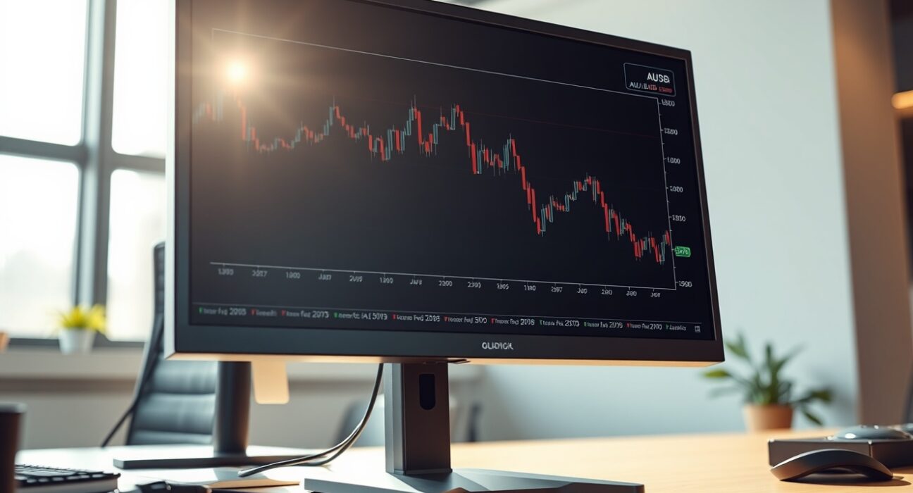 AUD/USD forex chart reacting to strong US Nonfarm Payrolls data on a trading desk monitor.