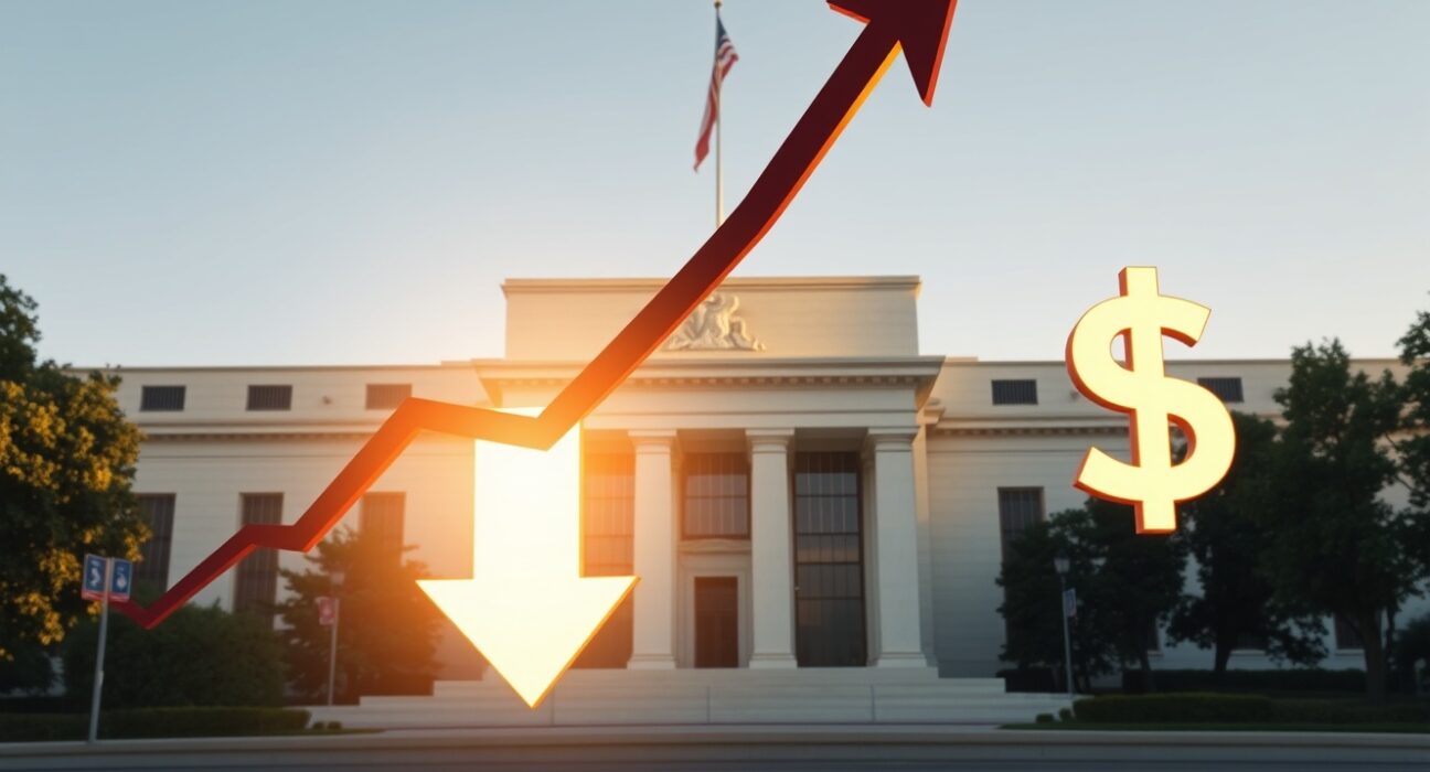 AUD/USD tumbles toward 0.7100 as Powell lifts Dollar demand again, with chart showing decline and Federal Reserve building in background