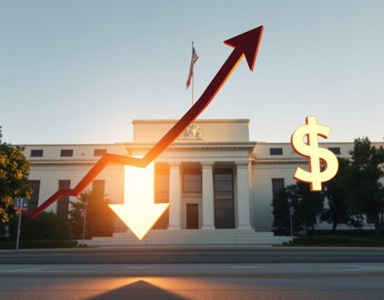 AUD/USD tumbles toward 0.7100 as Powell lifts Dollar demand again, with chart showing decline and Federal Reserve building in background