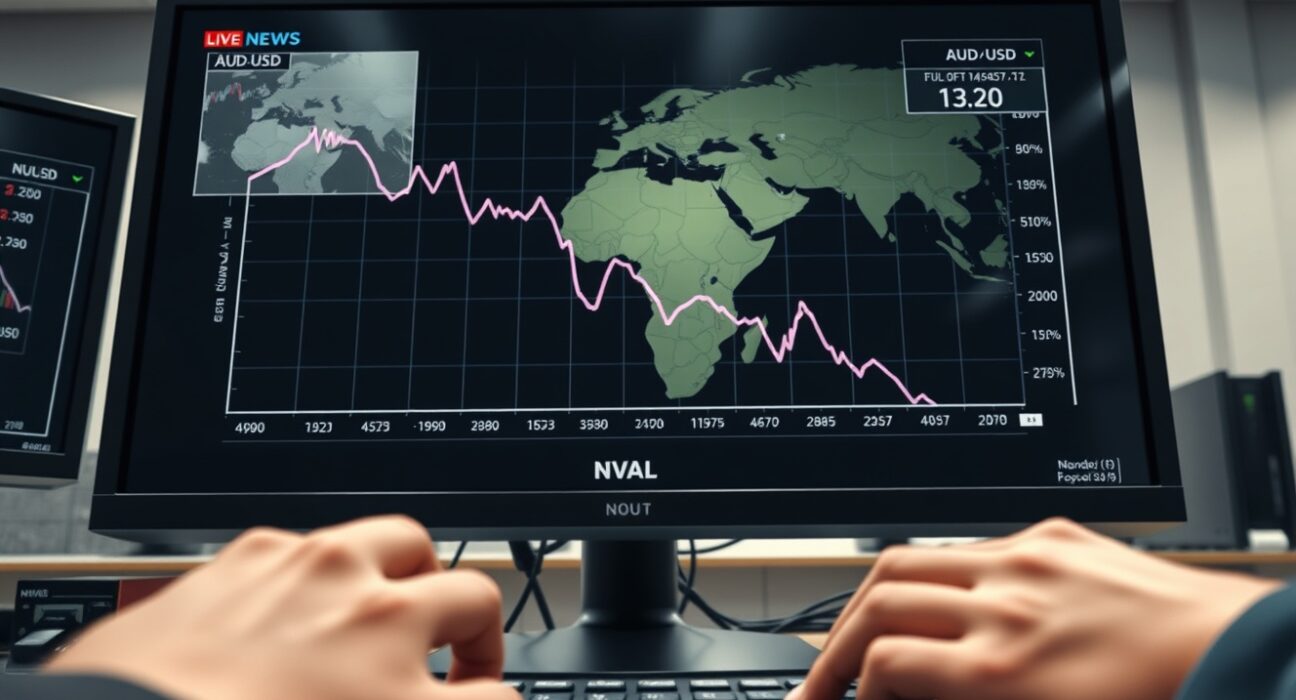 AUD/USD tumbles on trading screen amid Middle East tensions affecting forex markets.