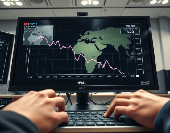 AUD/USD tumbles on trading screen amid Middle East tensions affecting forex markets.