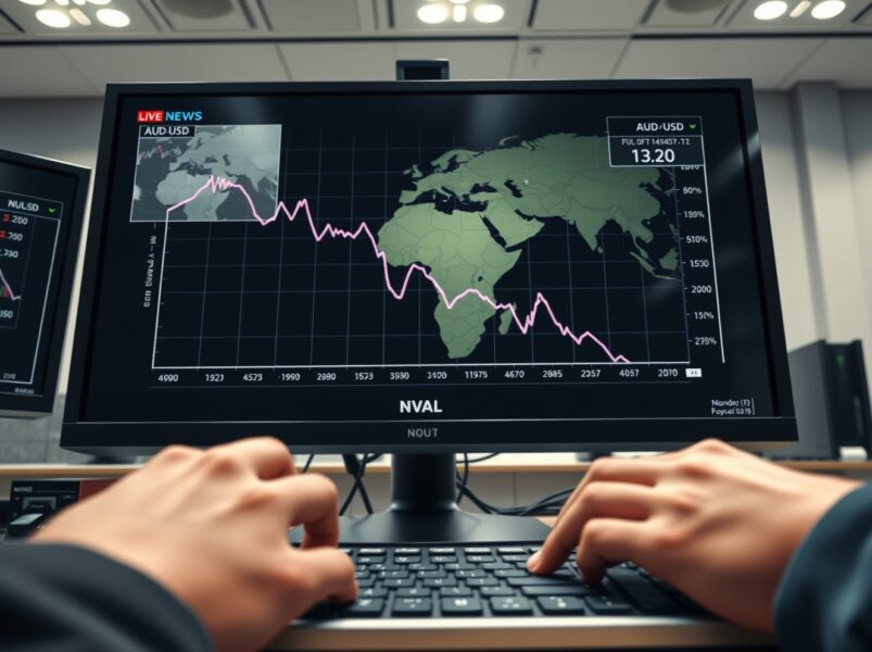 AUD/USD tumbles on trading screen amid Middle East tensions affecting forex markets.