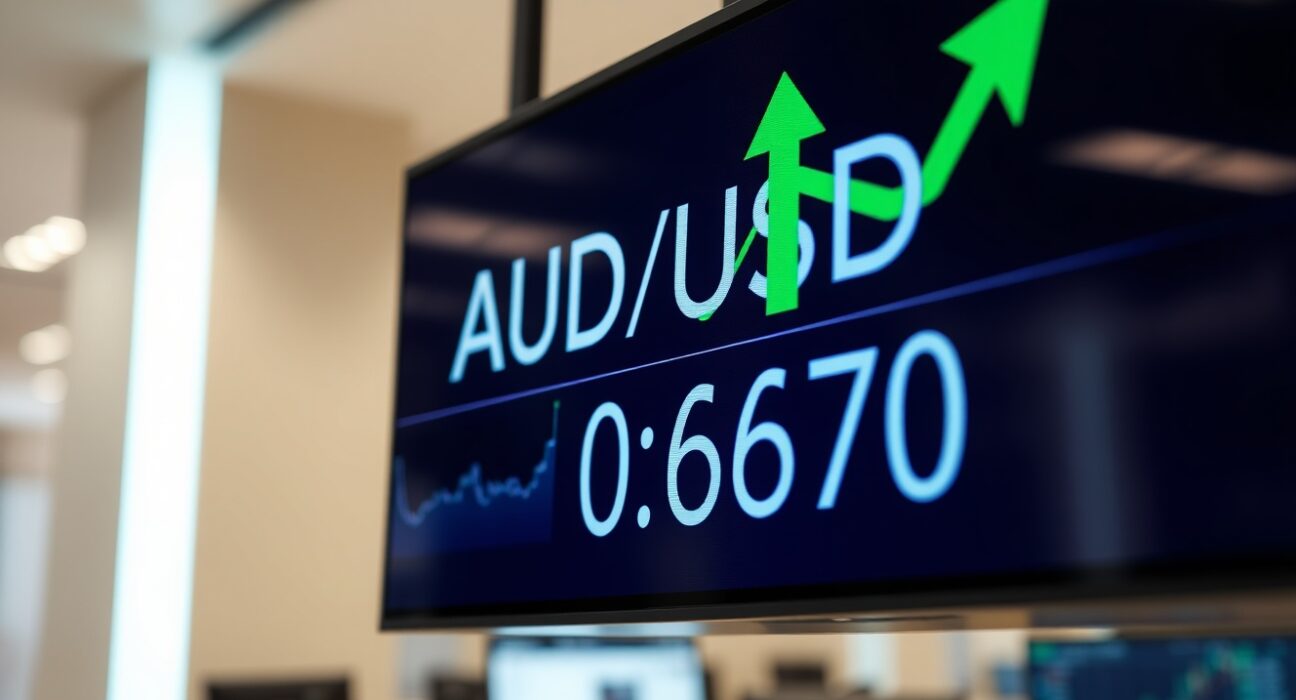 AUD/USD forex chart showing 0.6970 support level on a trading screen with bullish green arrow
