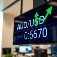 AUD/USD forex chart showing 0.6970 support level on a trading screen with bullish green arrow