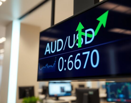 AUD/USD forex chart showing 0.6970 support level on a trading screen with bullish green arrow