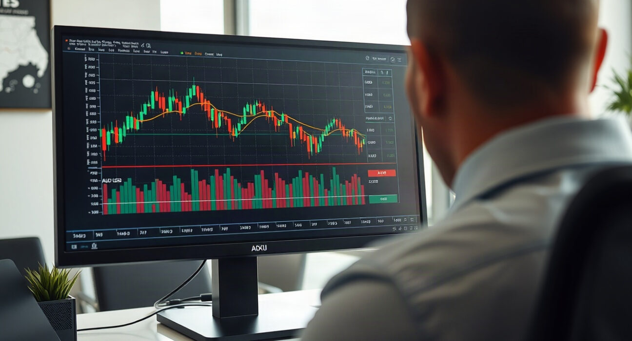 AUD/USD forex chart on a trading screen with UOB analysis in focus