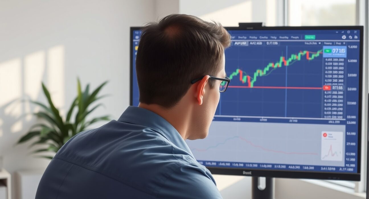 Financial analyst reviewing AUD/USD technical charts showing potential resistance at 0.7135.