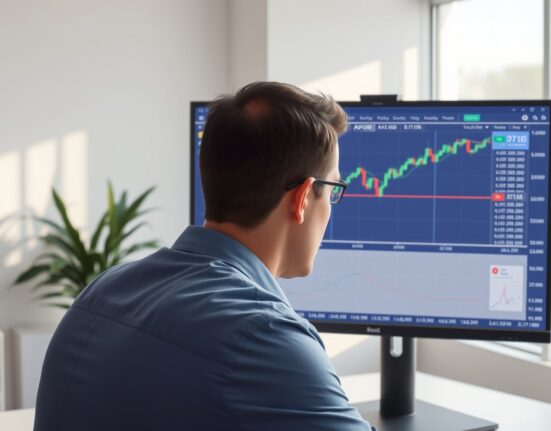 Financial analyst reviewing AUD/USD technical charts showing potential resistance at 0.7135.